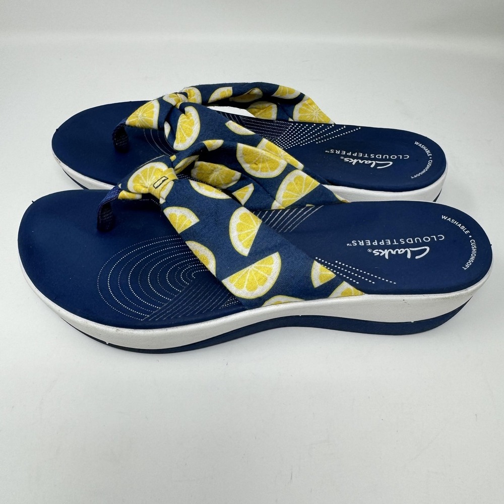 Clarks Cloudsteppers Shoes Womens‎ Size 8 Blue Lemon Wedge Flip Flop Sandals